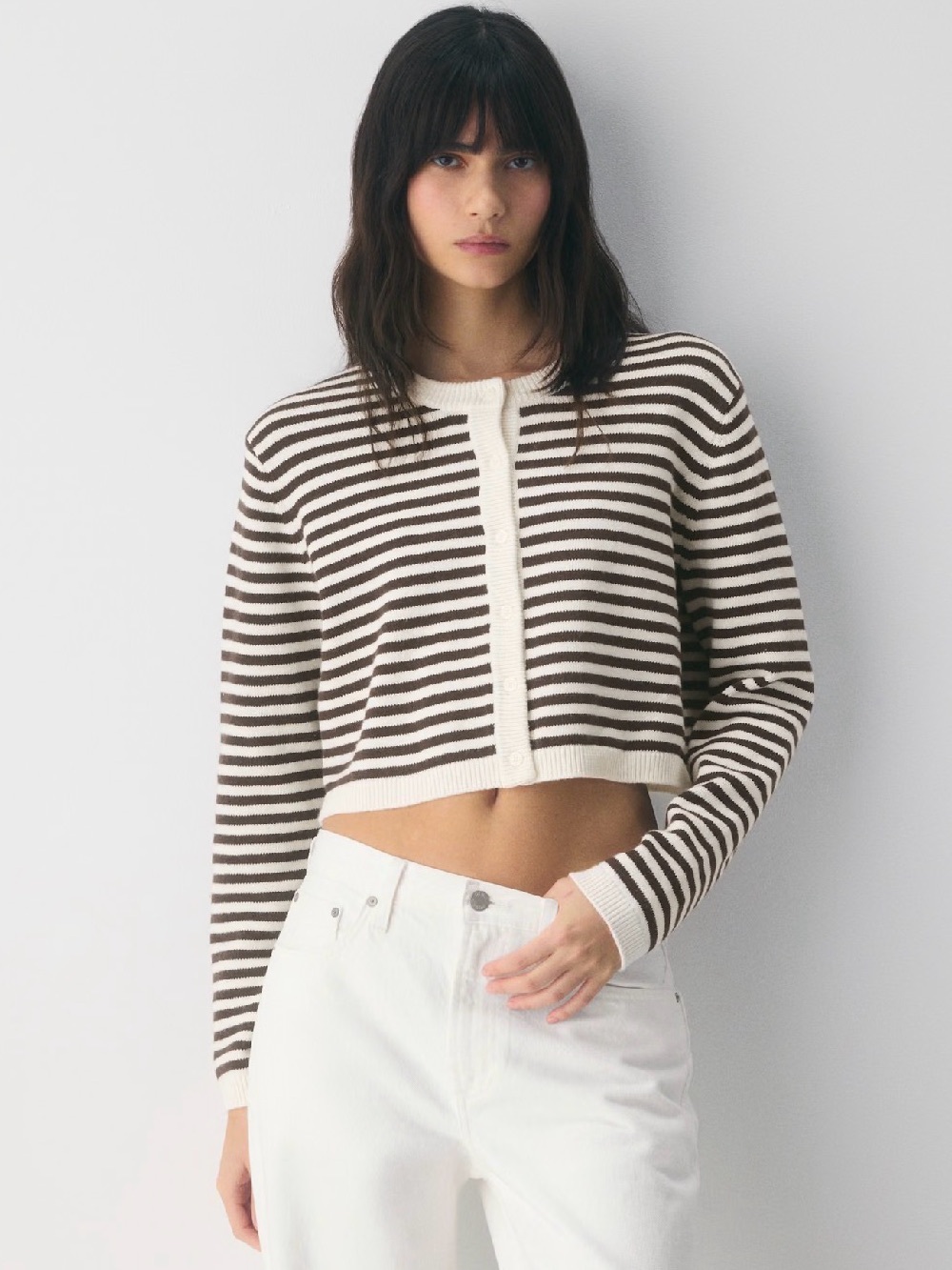 NWT Aritzia Wilfred Cotton Charm Sicily Cardigan Brown & Birch Striped